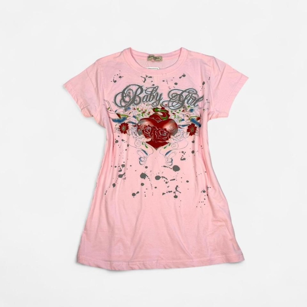 Deadstock NWT vintage y2k pink grunge 'Baby Girl' roses short sleeve baby tee